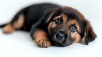 Adorable mixed breed puppy with black and tan fur lying down, blue eyes gazing at camera with sweet expression against white background, isolated studio portrait.