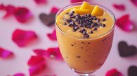 Orange smoothie topped with chocolate chips in glass on romantic background with pink rose petals and heart shapes, fresh healthy drink for Valentine's Day celebration.