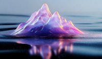 Glowing purple and pink mountain peaks emerge from dark rippling water, creating mystical reflections in tranquil sea surface at twilight. Surreal landscape for backgrounds.