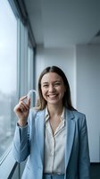 Happy young Caucasian businesswoman in blue suit holding clear aligner dental retainer smiling in modern office with city view for orthodontic treatment concept.