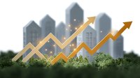 Golden arrows rising against urban skyline with glowing sparkles and green foliage, representing business growth and real estate market success in city environment.