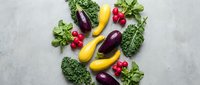 Fresh organic vegetables including purple eggplants, yellow squash, red radishes and green kale leaves arranged on light gray background for healthy cooking.