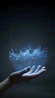 Human hand presenting glowing data analytics charts and graphs with connected dots floating above palm on dark background for business presentations.