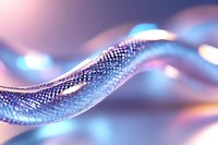 Shimmering metallic mesh wave with pink and blue gradient lighting creates dynamic flowing motion against blurred background for technology concepts.