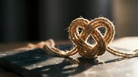 Natural jute rope twisted into heart shape on wooden surface with warm sunlight, rustic craft decoration for Valentine's Day or wedding themes.