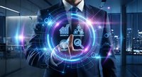 Professional businessman touching futuristic holographic interface with data analytics icons in modern office environment for business technology presentations.