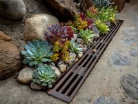 Colorful succulent garden with variety of echeveria, sempervivum and sedum plants growing along drainage grate in rock landscape.