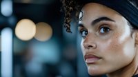 Young mixed race woman with freckles wearing black headwrap gazes confidently into distance. Natural makeup, curly hair, and bokeh lights create moody atmospheric portrait.