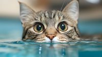Curious tabby cat swimming in water with wide green eyes and wet fur visible above surface, creating humorous and endearing pet photography moment.