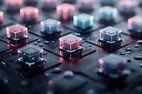 Illuminated mechanical keyboard switches with pink and blue LED backlighting on black surface, close-up view showing technical gaming equipment details.