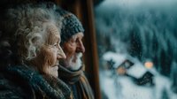 Elderly couple looking through window on snowy winter day, warm indoor lighting contrasts cold outdoor scene, cozy domestic moment of senior love and togetherness.