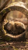 Adorable baby wombat sleeping peacefully inside hollow log in Australian forest with warm golden sunlight filtering through trees creating cozy natural shelter.