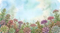 Watercolor succulent garden border with roses and chrysanthemums on soft blue sky background for botanical design projects and nature-themed decorations.