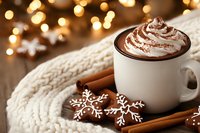Warm mug of hot chocolate with whipped cream and cocoa powder, gingerbread cookie, cinnamon stick, cozy knit blanket, and blurred golden lights in background for winter holiday beverage concepts.
