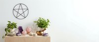 Young woman with long dark hair, South Asian ethnicity, arranging potted succulents and crystals on wooden shelf beneath pentagram wall art for spiritual wellness and home decor styling.