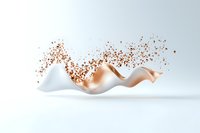 Flowing white silk fabric with scattered rose gold particles creating dynamic motion effect against light background. Abstract luxury design element.