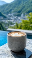 Latte art in gray ceramic cup against mountain landscape and infinity pool backdrop, showcasing morning coffee experience with scenic mountain town view.