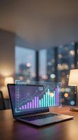 Laptop displaying financial growth charts and analytics dashboard on wooden desk in modern office with city skyline bokeh lights background at evening.
