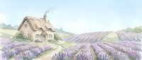 Watercolor cottage with thatched roof surrounded by blooming lavender fields in countryside landscape for home decor and relaxation themes.