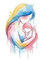 Watercolor mother holding baby in tender embrace with flowing paint drips on white background for motherhood designs and family artwork.