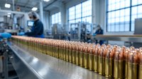 Ammunition bullets lined up on industrial conveyor belt in modern manufacturing facility with workers operating machinery in background.
