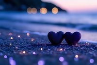 Two dark heart shapes on sandy beach at twilight with bokeh lights creating romantic atmosphere for Valentine's Day cards and love concepts.