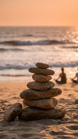 Balanced stone cairn on sandy beach at golden sunset with ocean waves and warm light creating peaceful meditation and mindfulness atmosphere.