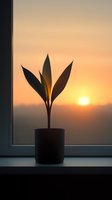 Young plant silhouette in pot on windowsill against orange sunset sky background, creating peaceful atmospheric mood for wellness and growth concepts.
