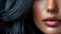 Close up view of plump glossy burgundy lips and dark flowing hair against dark background, highlighting facial features for beauty and cosmetic advertising.