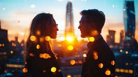 Young Asian couple silhouetted against urban sunset skyline with bokeh lights, romantic mood, city backdrop and glowing atmosphere creates intimate moment.