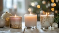 Glowing candles in decorative glass holders with white Christmas ornaments and bokeh lights create cozy festive atmosphere for winter holiday season.