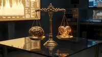 Ornate bronze scales of justice with decorative brain designs on glass table in modern office setting for legal and medical concepts.
