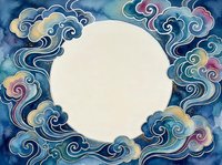 Ornate circular frame with swirling clouds in blue, purple and gold tones on watercolor background. Traditional Asian art style border design.