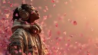 Young African American woman with headphones enjoying music surrounded by falling pink rose petals against warm sunset background.
