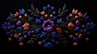 Vibrant floral embroidery design with blue and coral flowers on black background featuring symmetrical arrangement and central purple bloom, suitable for textile patterns.