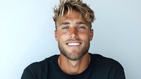 Young Caucasian man with styled blonde hair and beard wearing black t-shirt smiling confidently at camera against white background. Modern casual portrait.