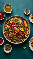 Colorful grain salad with pomegranate seeds, edible flowers and fresh herbs in bowl on textured turquoise background for healthy eating and cooking.