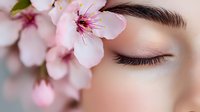 Young woman with closed eyes and pink cherry blossom flowers near face for spa beauty skincare and wellness concepts.