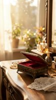 Ornate vintage jewelry box with red velvet interior on wooden vanity table with perfume bottles and pearls in warm sunlit room for luxury lifestyle.