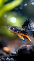 Small tropical freshwater fish with black dorsal fin and orange-yellow tail swimming in aquarium with blurred green and bokeh background, suitable for aquatic pet and aquarium design projects.