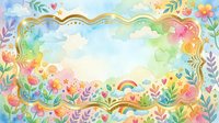 Watercolor pastel frame with rainbow, flowers, clouds, hearts and gold border, soft dreamy background for cards, invitations or nursery prints.