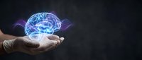 Human hand holding glowing digital brain with neural networks and electric energy effects on dark background for artificial intelligence concepts.