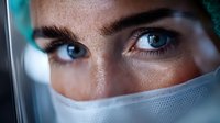 Close-up portrait of focused female surgeon with blue eyes wearing surgical mask and cap in operating room. Medical professional healthcare worker.