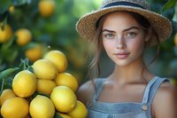 Young Caucasian woman in straw hat and denim overalls holding fresh lemons from garden harvest against green natural background with citrus trees.