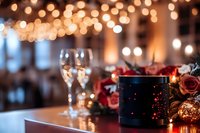 Romantic evening setup with champagne glasses, red roses and glowing candle holder against blurred warm bokeh lights creating intimate atmosphere.