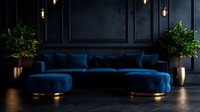 Luxurious navy blue velvet sectional sofa with ottoman in elegant dark interior featuring brass pendant lights and lush green plants for upscale home decor.