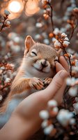 Adorable red squirrel with closed eyes being gently held in human hand among spring cherry blossoms, warm orange tones and soft bokeh background create magical mood.