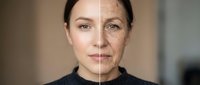 Split face comparison showing aging process from young to mature woman with natural skin changes and wrinkles for skincare and beauty concepts.