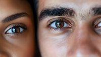 Close up view of brown eyes with expressive eyebrows showing mixed emotions and deep feelings, suitable for emotional storytelling and psychological concepts.