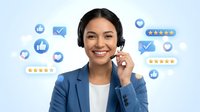 Professional Hispanic businesswoman customer service representative with headset smiling surrounded by floating rating stars and approval icons on light background.
